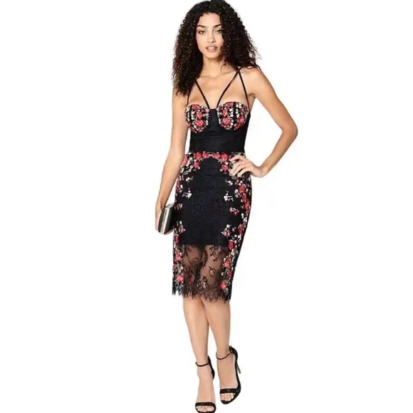 BeBe Maddie Embroidered Corset Midi Dress Black with Red Roses Womens Size 8 - Picture 1 of 4